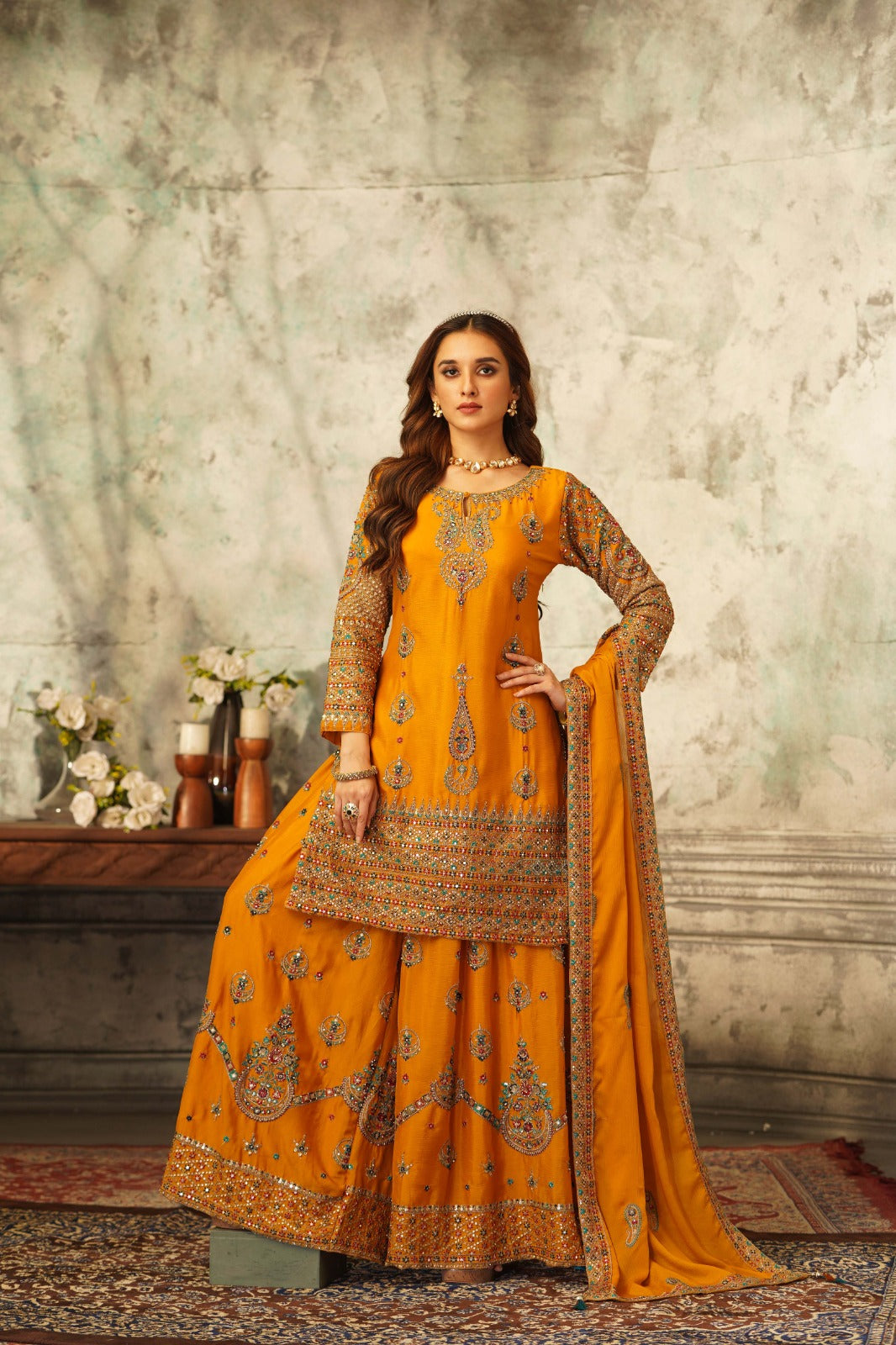 Embroidered Silk Gharara in Mustard