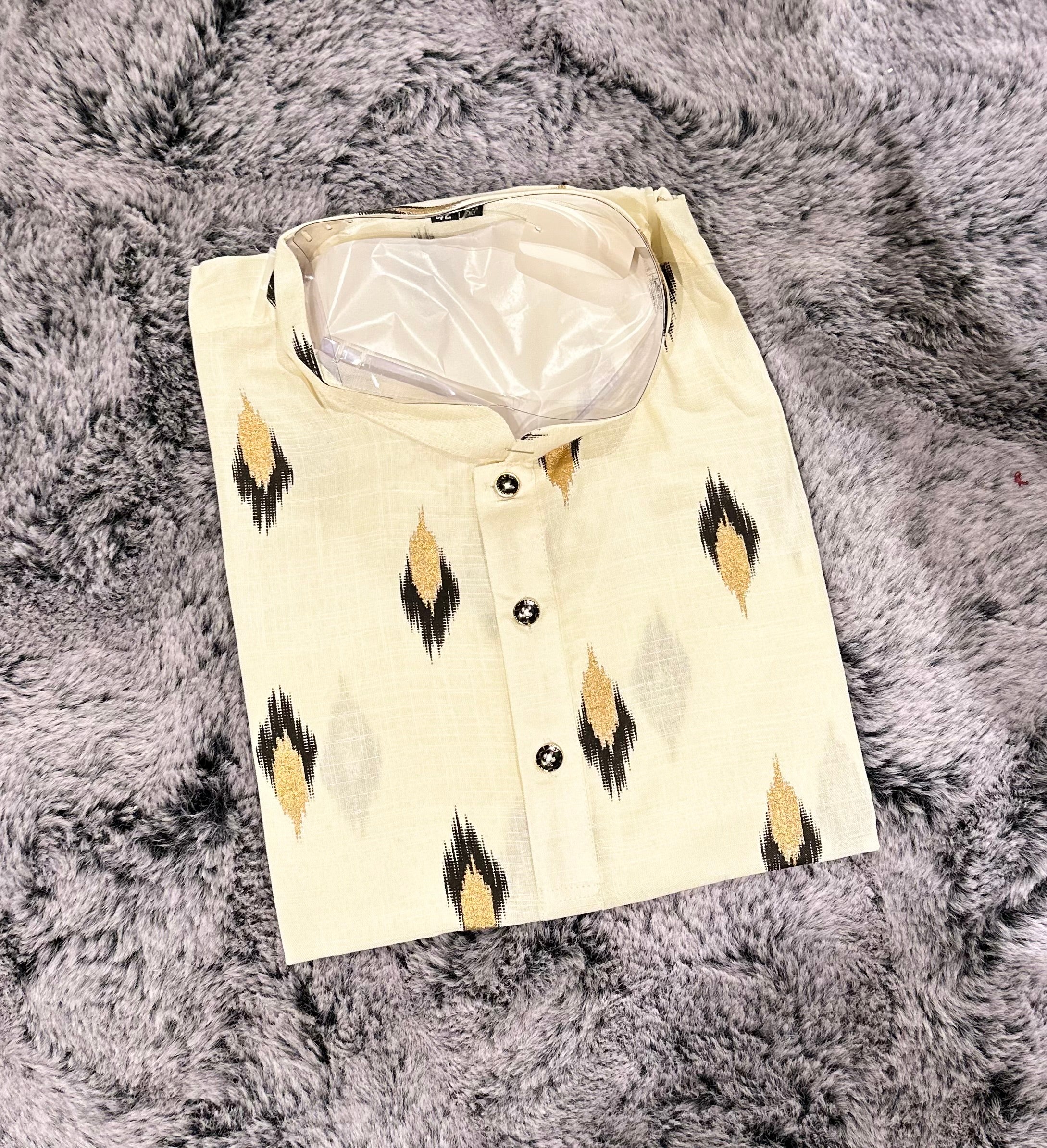 Cream Foil Print Cotton Short Kurta