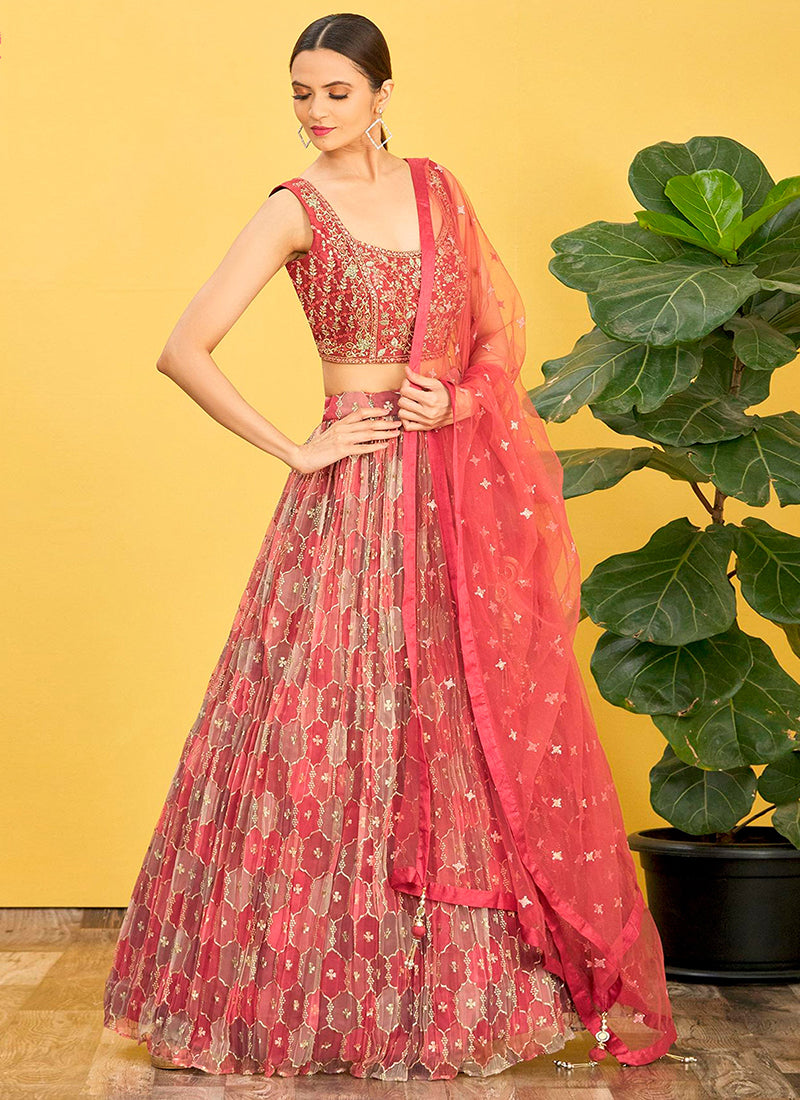 Dark Old Rose Organza Lehenga