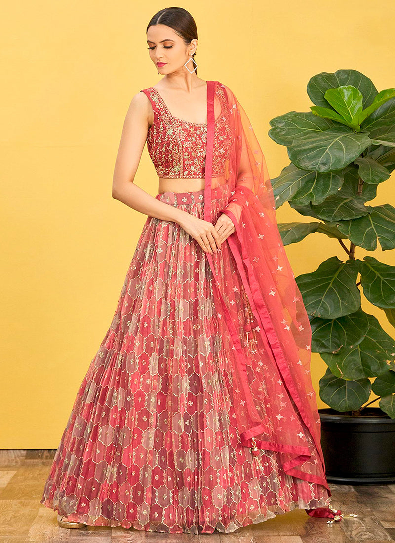 Dark Old Rose Organza Lehenga