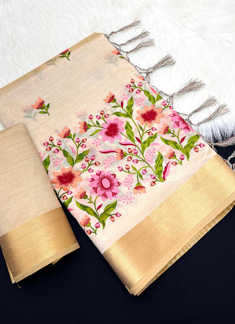 Cream Tussar Silk Sari