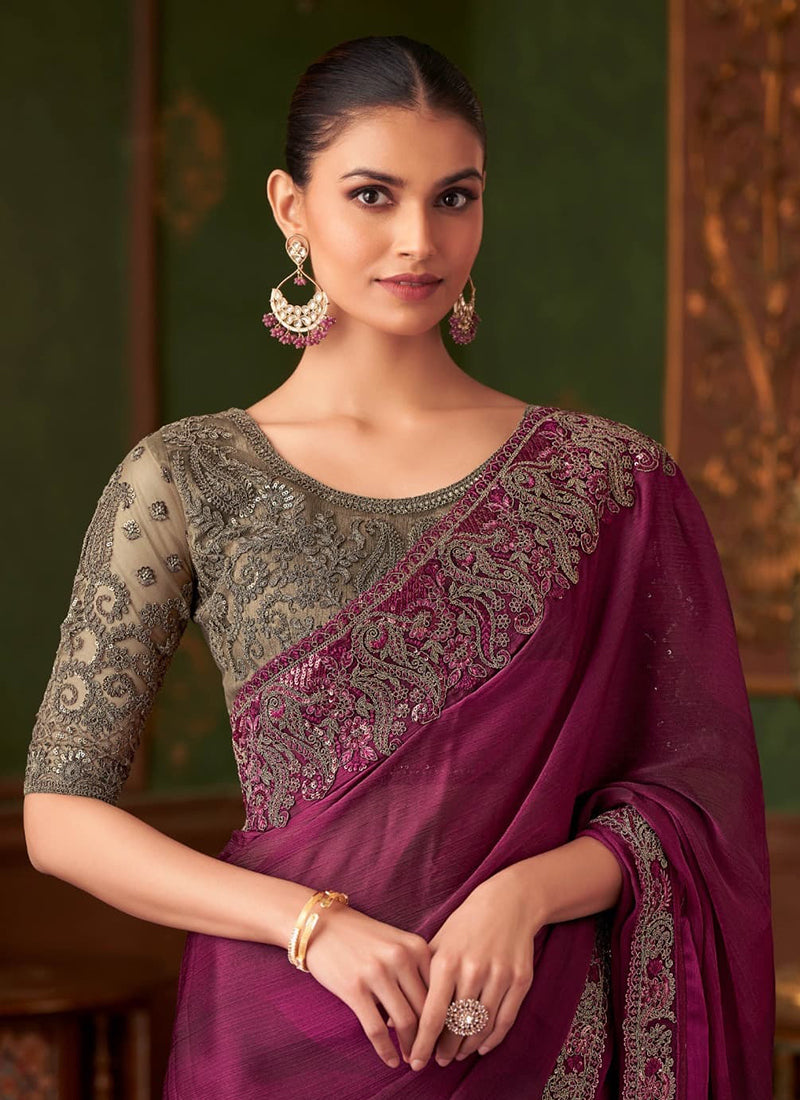Magenta Chiffon Embroidery Saree