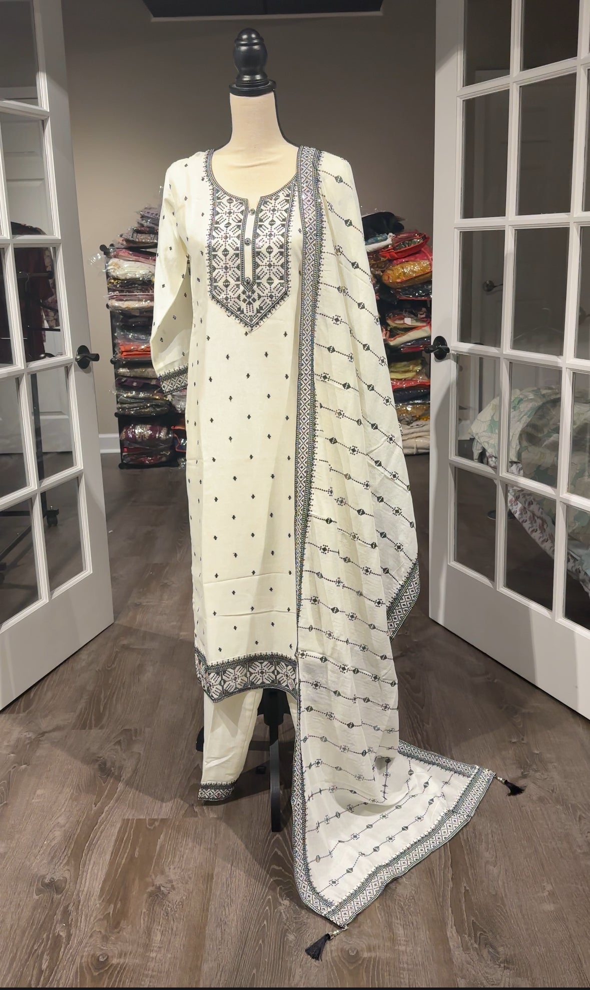 Off White and Black Embroidery Silk Salwar