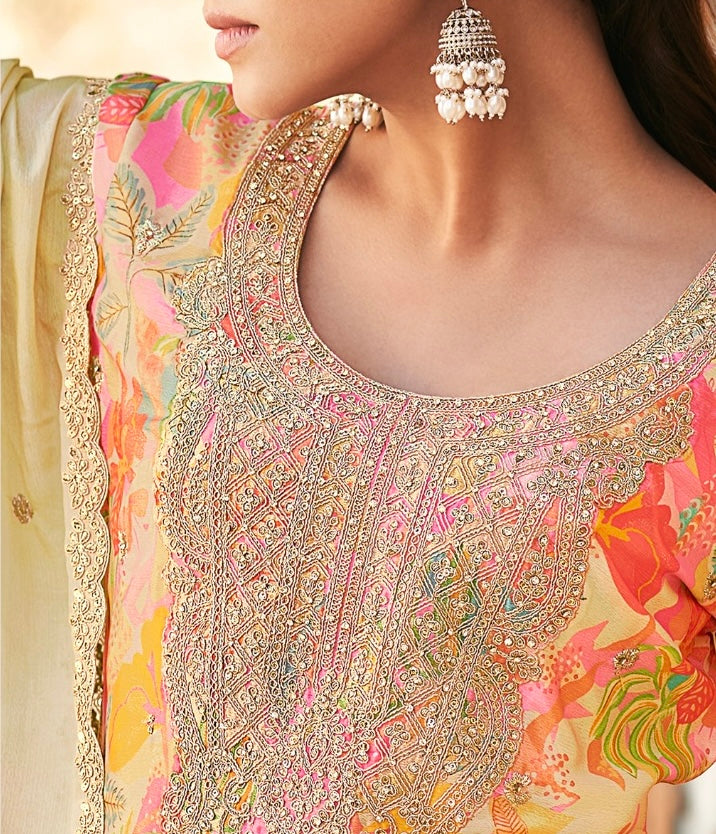 Multicolor Digital Print Chinon Silk Pakistani Suit