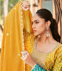 Yellow-Blue Digital Print Chinon Silk Pakistani Suit