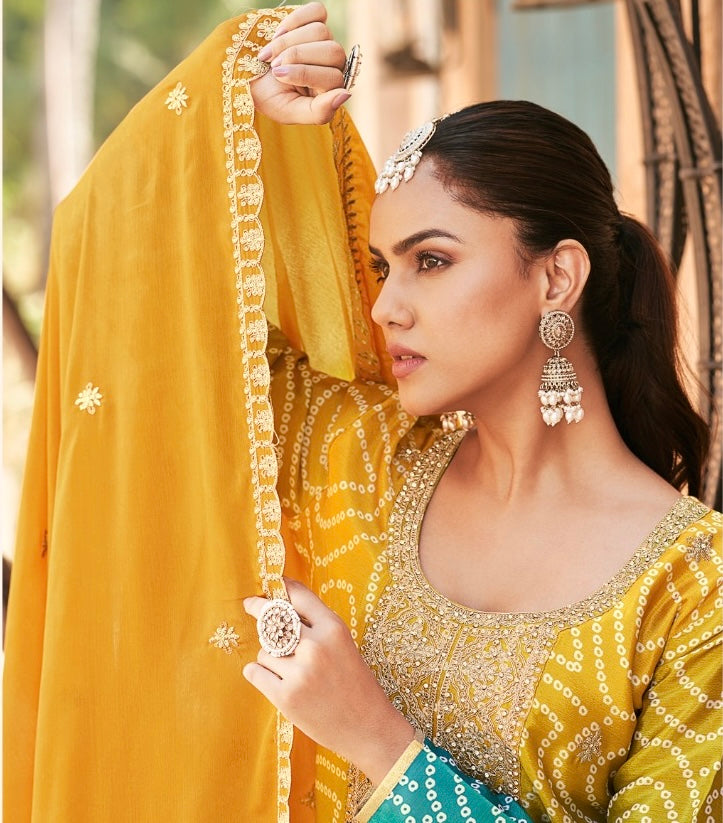 Yellow-Blue Digital Print Chinon Silk Pakistani Suit