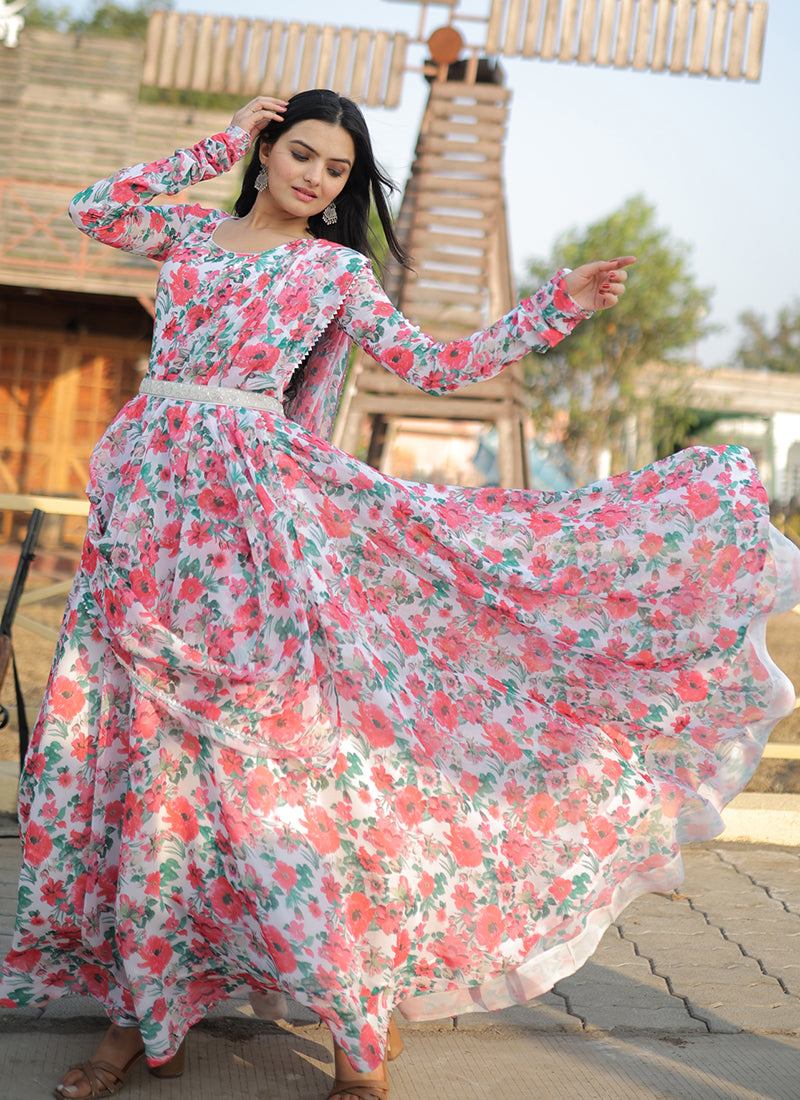 White Georgette Printed Gown M (38) White Georgette Printed Gown M (38)