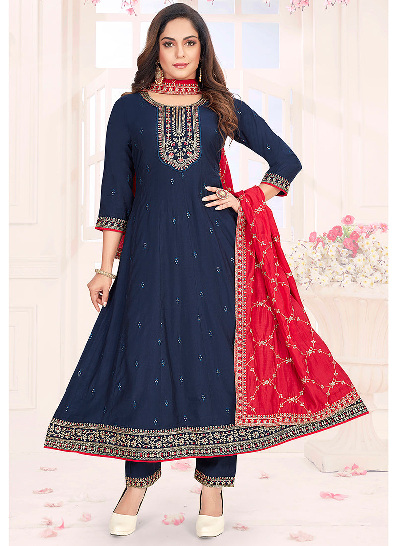 Navy Blue Roman Silk Anarkali  Spark In Style, LLC