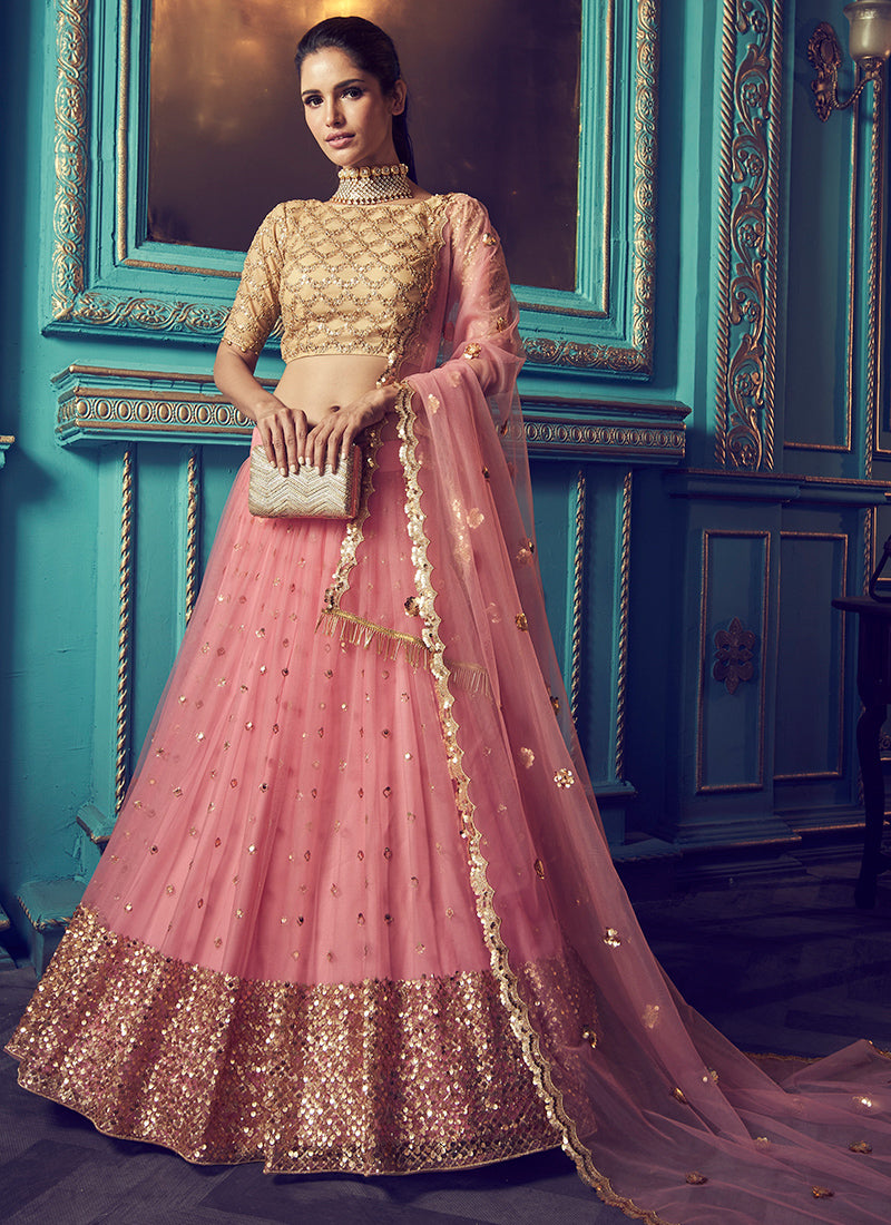 Pink and Gold Net Lehenga
