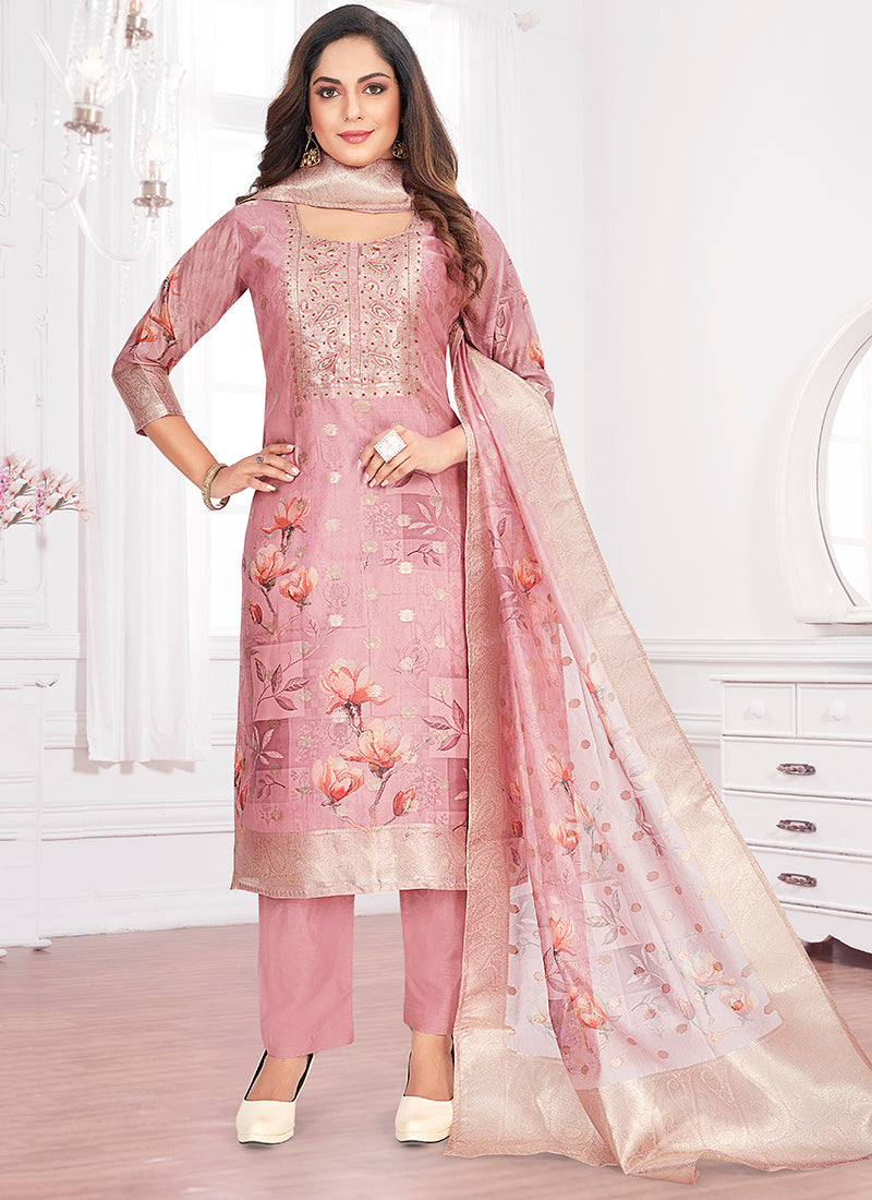Pink Organza Jacquard Salwar Suit