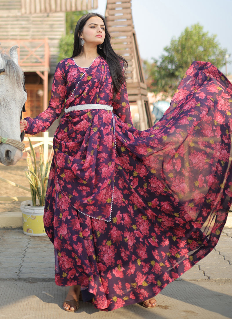 dark purple floral dress Dark Purple Georgette Gown S (36)