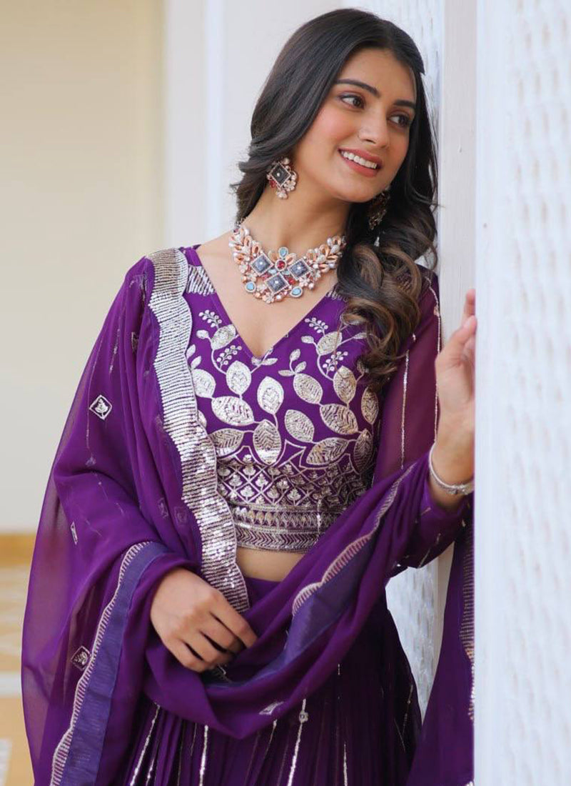 Purple Georgette Embroidery Lehenga