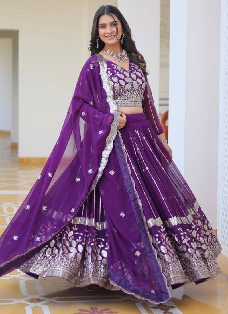 Purple Georgette Embroidery Lehenga