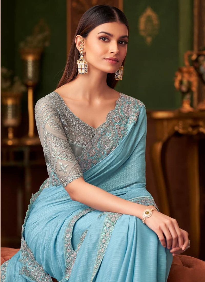Sky Blue Satin Saree