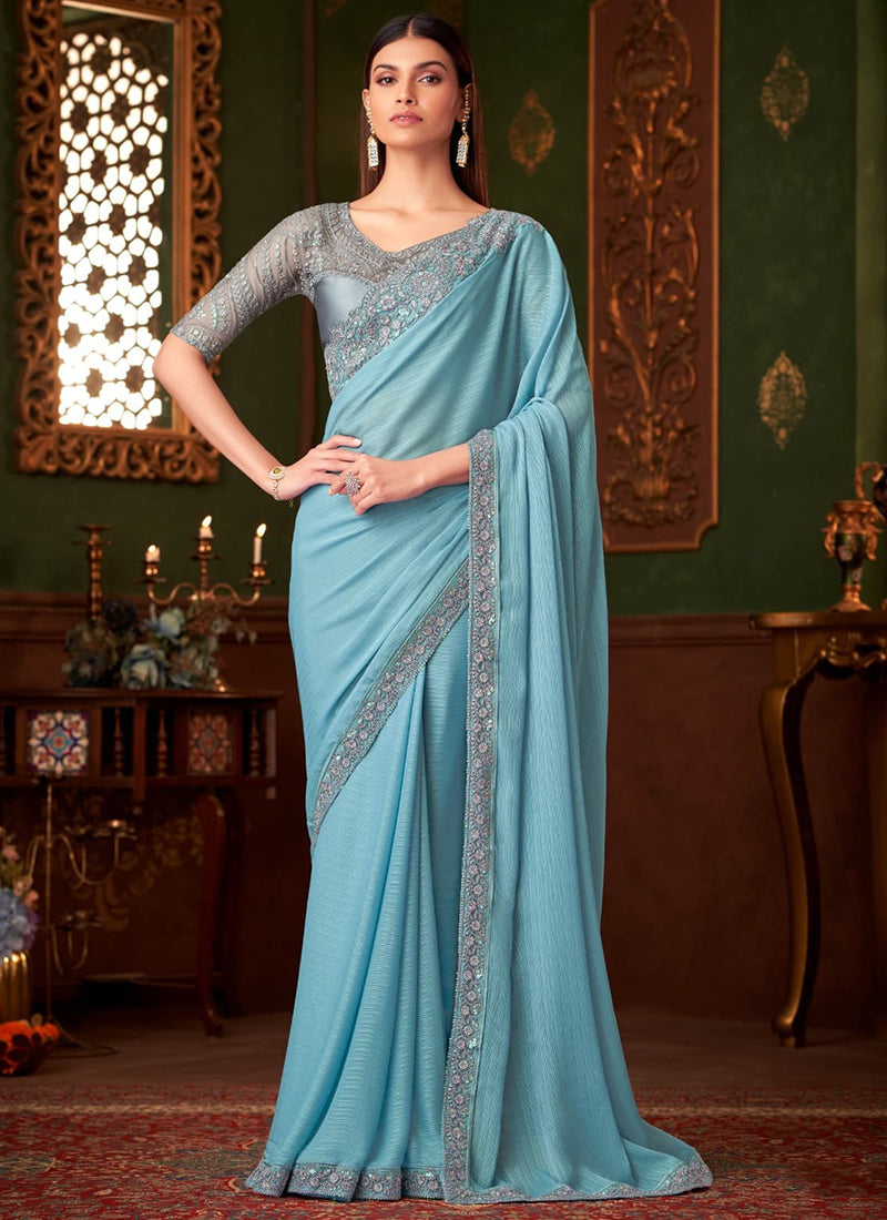 Sky Blue Satin Saree