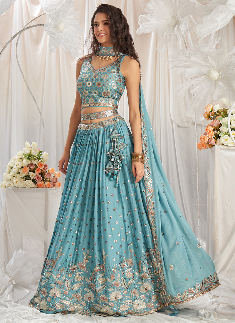 Turquoise Blue Poly Georgette Lehenga