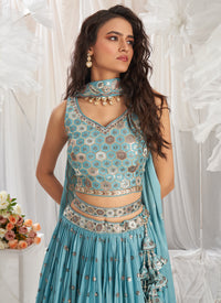 Turquoise Blue Poly Georgette Lehenga