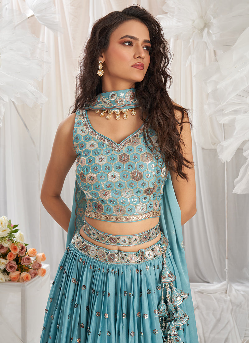 Turquoise Blue Poly Georgette Lehenga