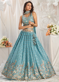 Turquoise Blue Poly Georgette Lehenga