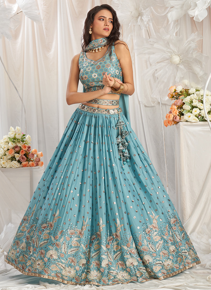 Turquoise Blue Poly Georgette Lehenga