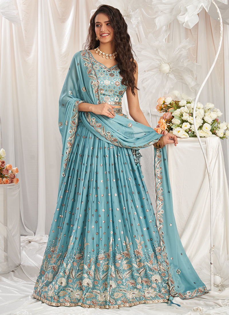 Turquoise Blue Poly Georgette Lehenga