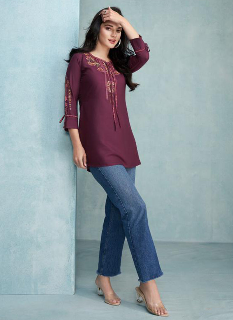 Wine Rayon Casual Wear