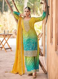 Yellow-Blue Digital Print Chinon Silk Pakistani Suit