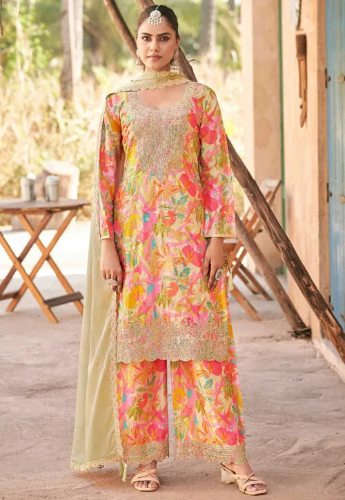 Multicolor Digital Print Chinon Silk Pakistani Suit