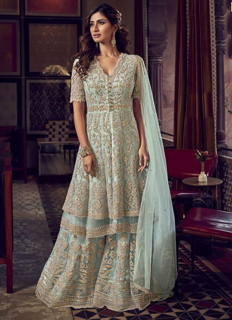 Sky Blue Net Wedding Wear Heavy Embroidery Work Sharara Suit