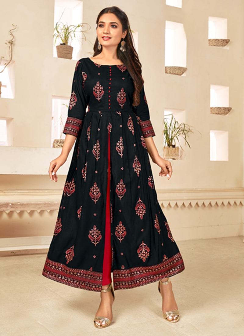 Black Rayon Printed Long Kurti M (38)