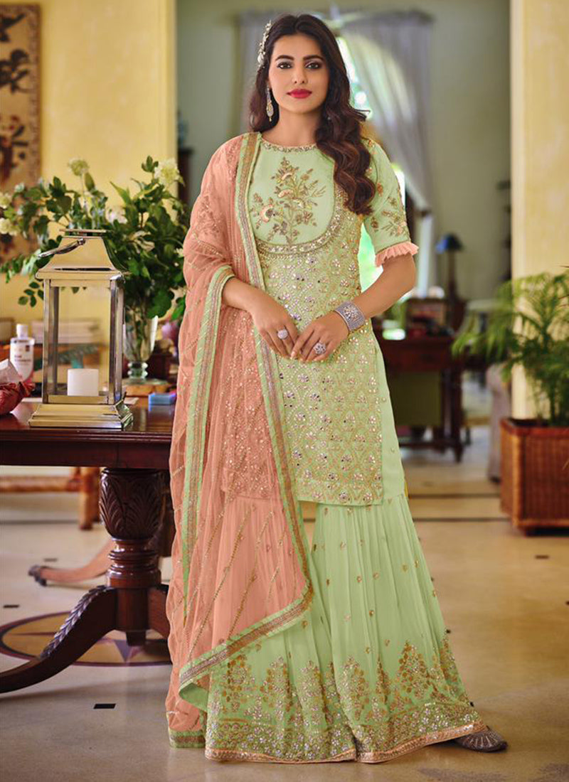 Pista Green Embroidery Sharara Suit