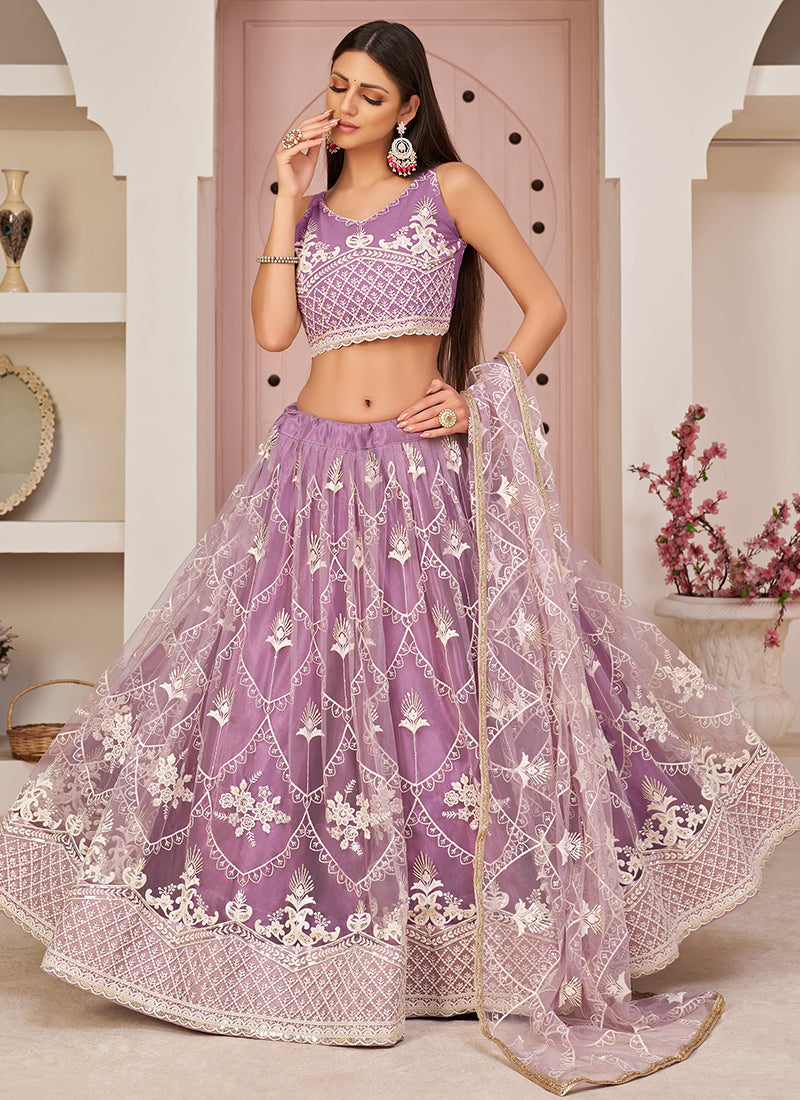 Lavender Embroidery Net Lehenga