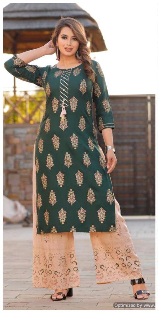 Dark Green Rayon Kurti - Peach Palazzo M (38) Dark Green Rayon Kurti - Peach Palazzo M (38)