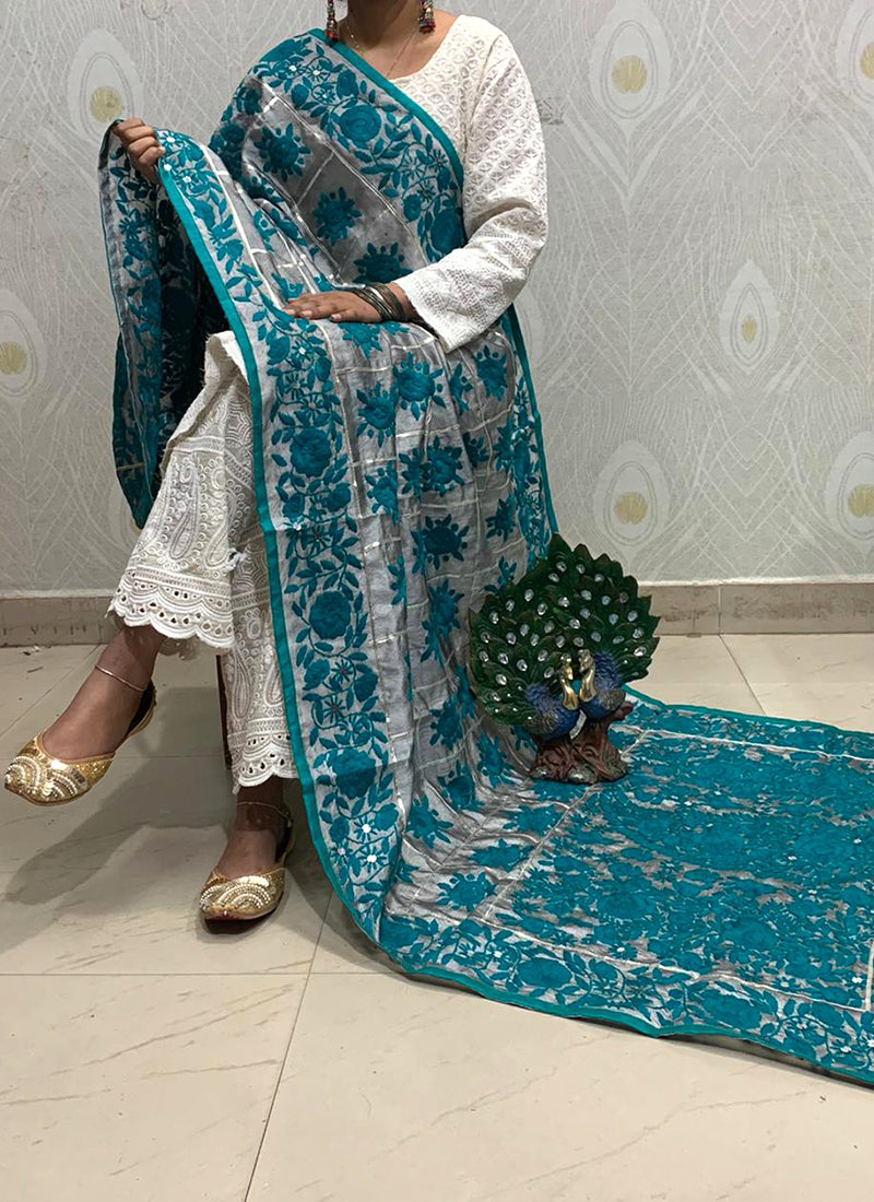 Gray-Green Raw Silk Handwork Dupatta