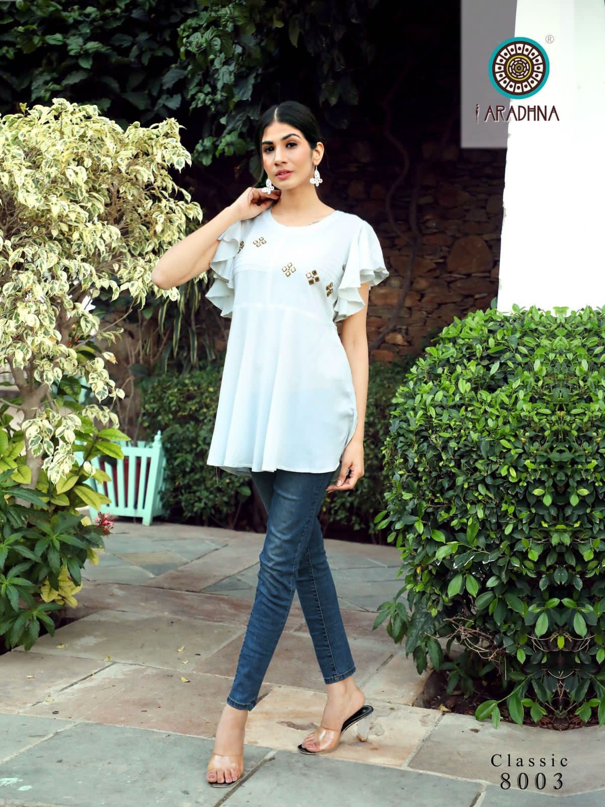 White Ruffled Flutter-Sleeve Top