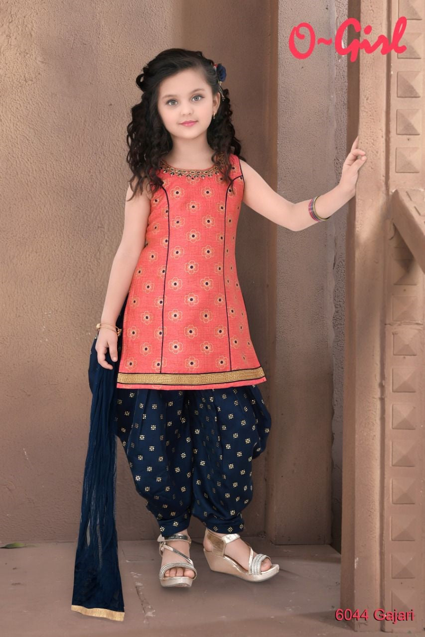 Pink and Navy Blue Silk Patiyala Suit
