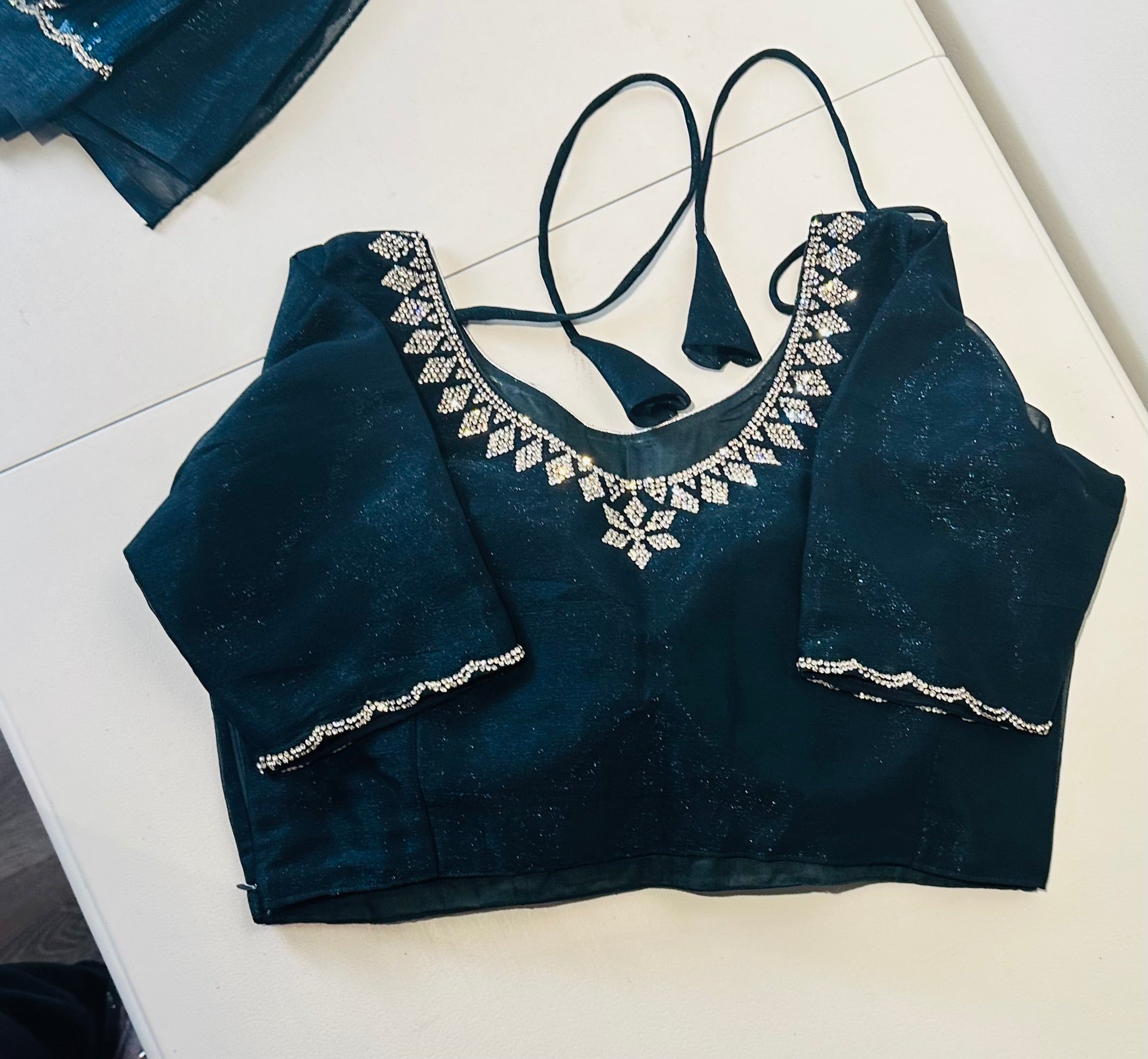 Dark Teal Blue Sequins Saree