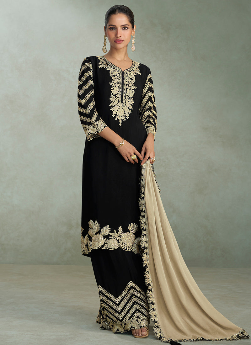 gold prom dress looks Black Color Designer Embroidered Ethnic Gown With Dupatta