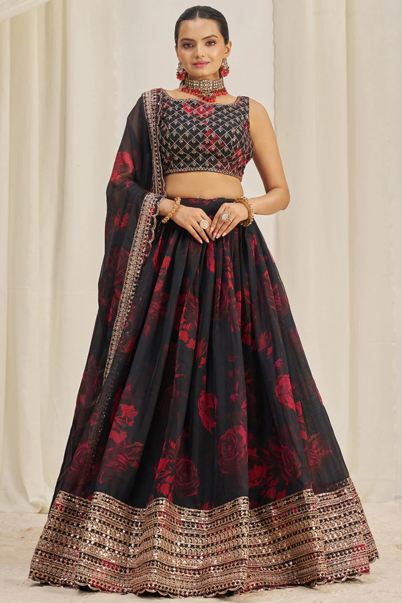 Black Organza Printed Lehenga