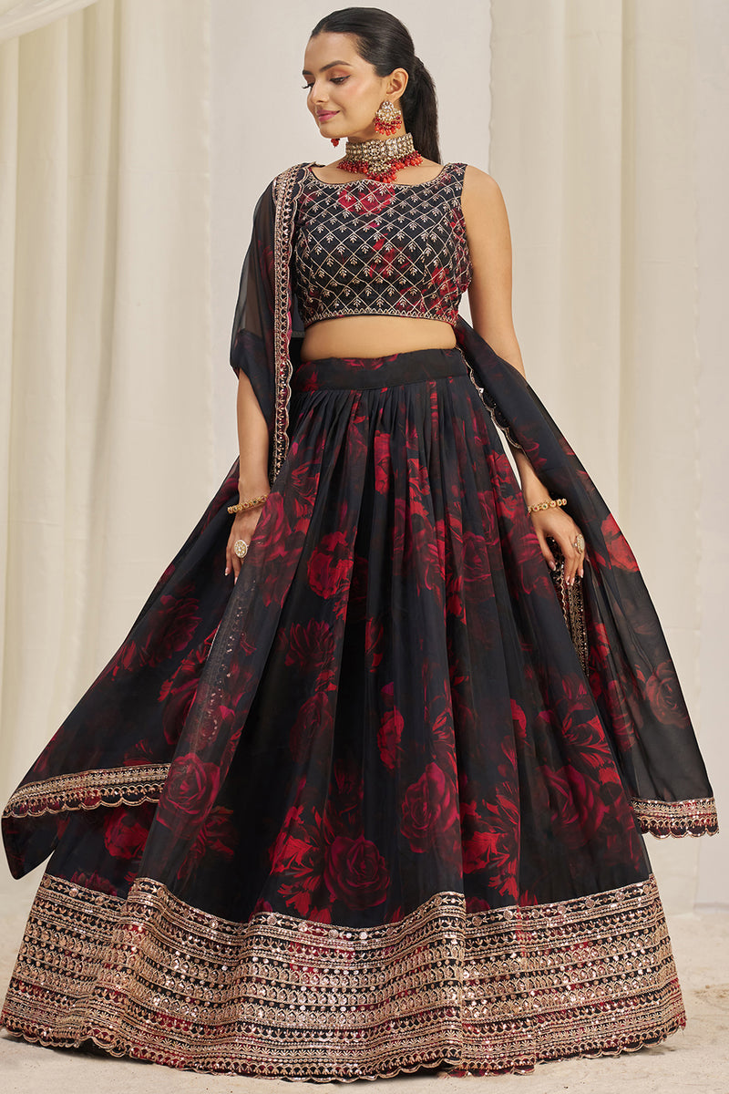 Black Organza Printed Lehenga