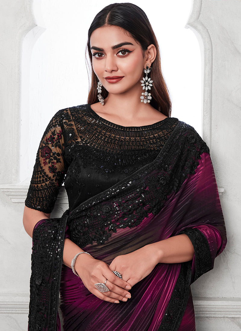 Black and Wine Silk Embroidery Saree