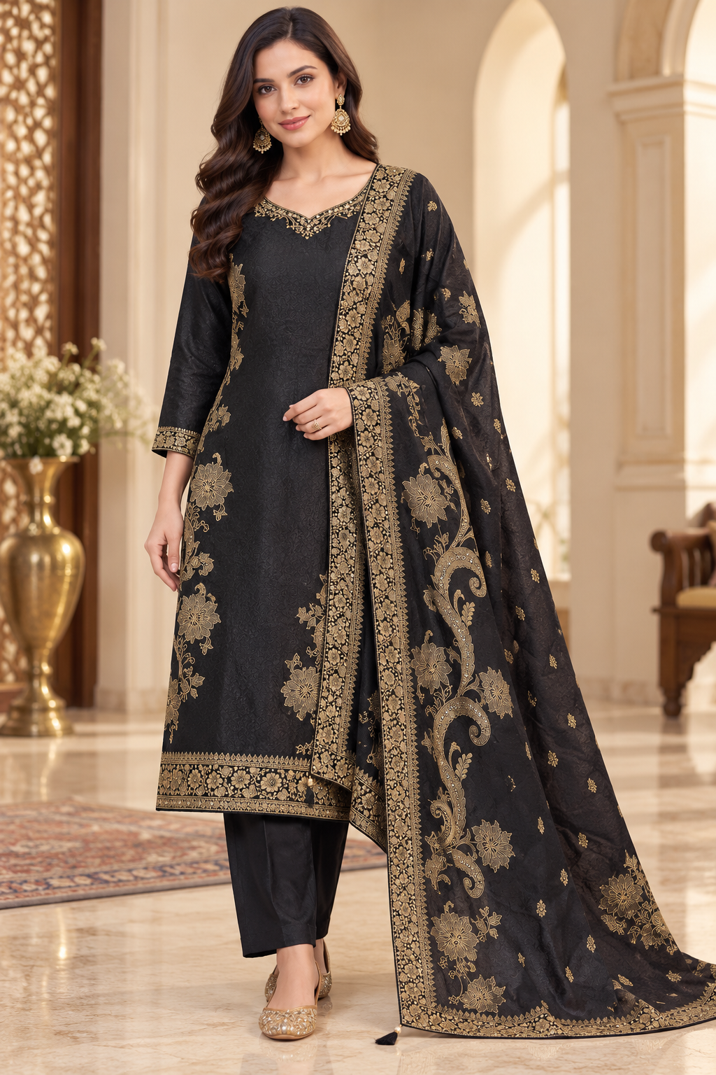 Black Silk Salwar Suit with Zari & Mirror Work