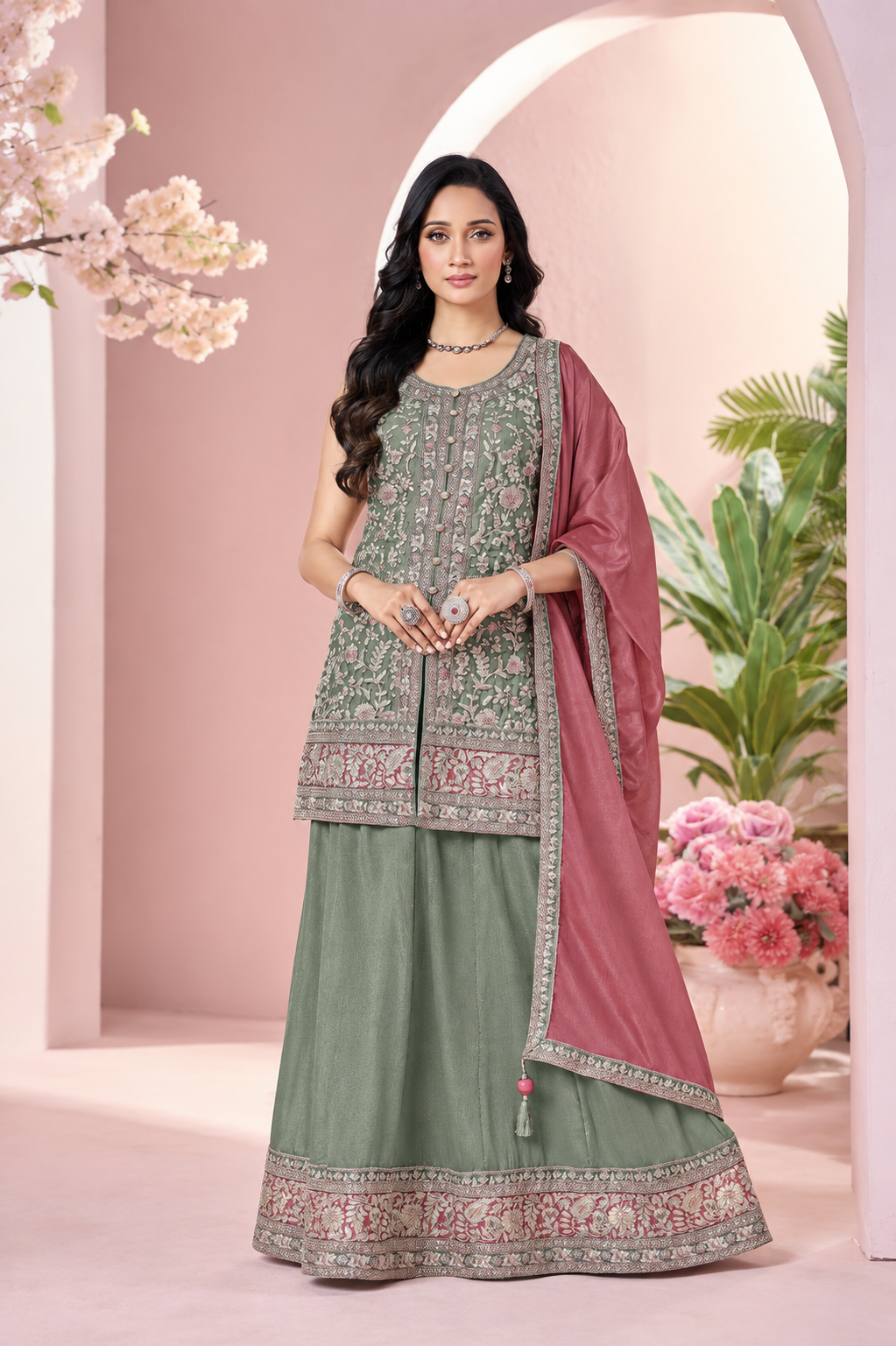 Sage Green Kurti + Sage Green Skirt + Dusty Rose Dupatta