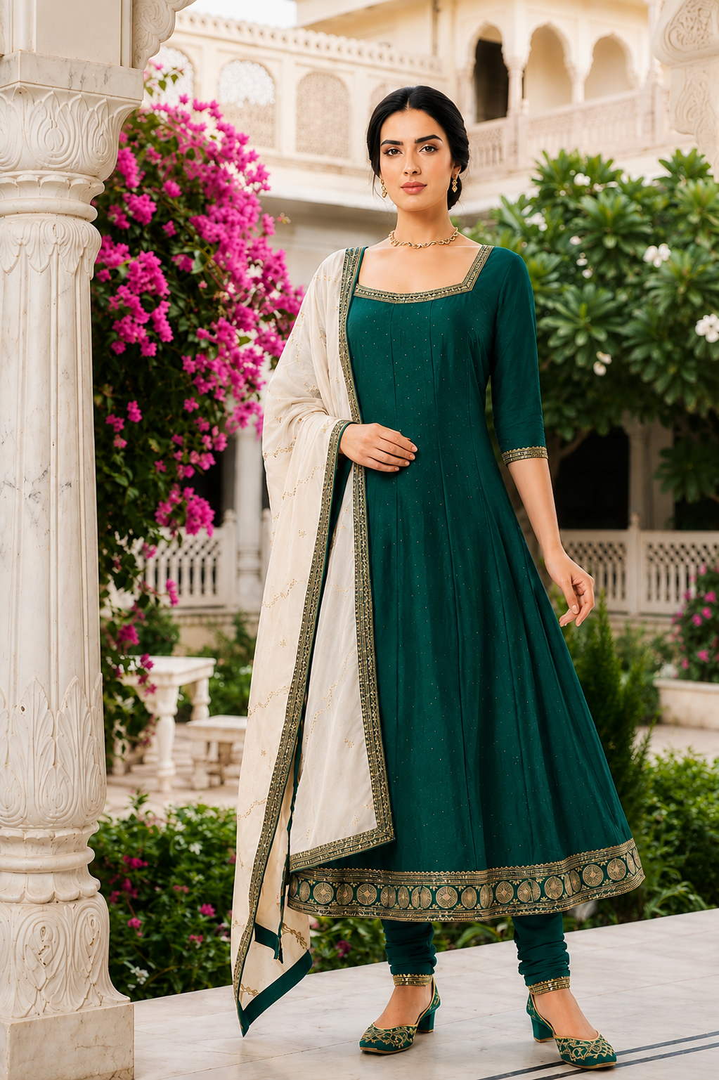 Emerald Green Silk Anarkali Suit with Gold Crystal Stone Work