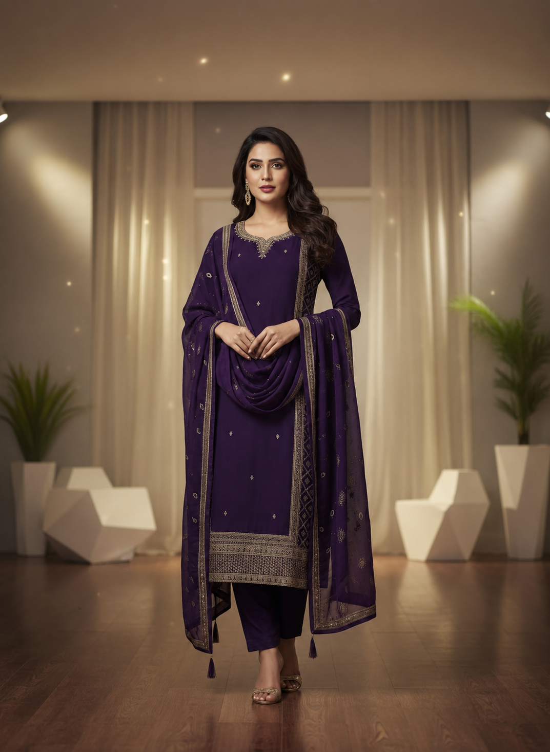 Dark Purple Gold Embroidery Salwar Suit