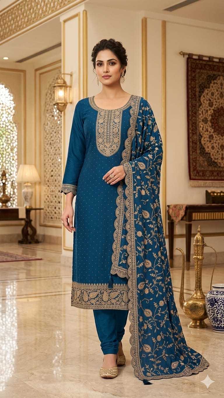 Deep Blue Silk Salwar Suit with Gold Embroidery