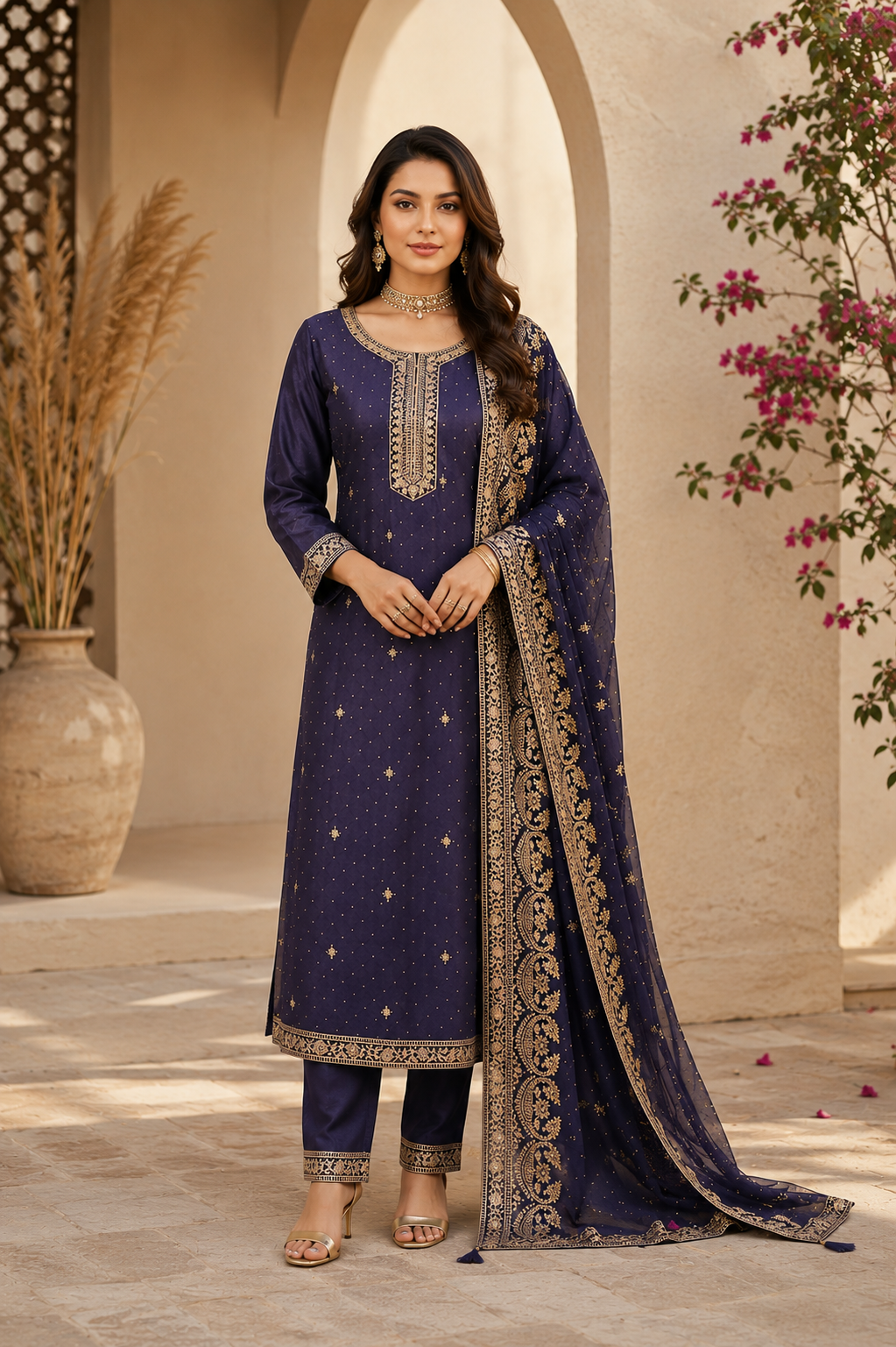 Deep Bluish Purple Silk Salwar Suit