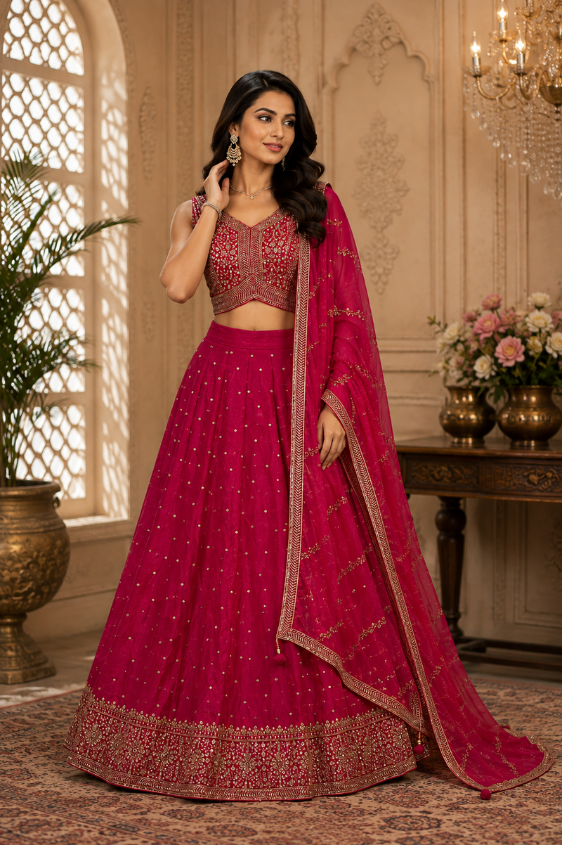 Deep magenta silk lehenga choli with gold embroidery and matching dupatta
