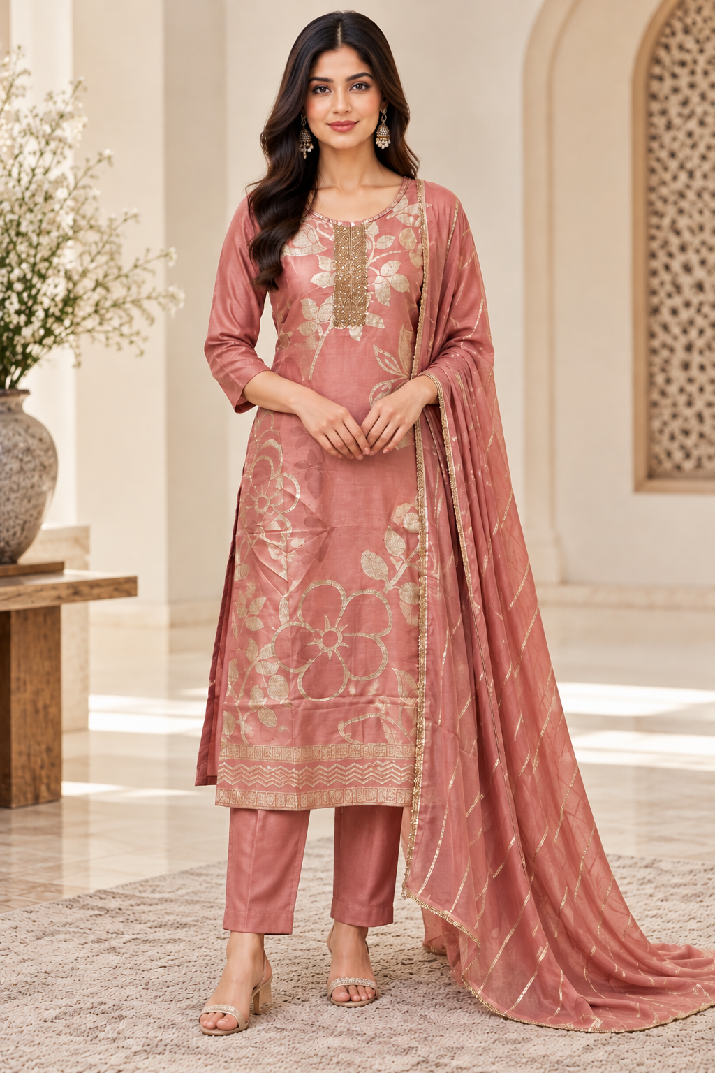 Dusty Pink Silk Salwar Suit with Zari Work