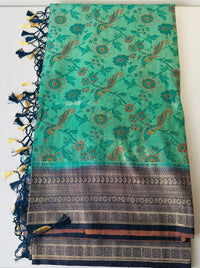 Green Silk Saree with Floral & Bird Motifs